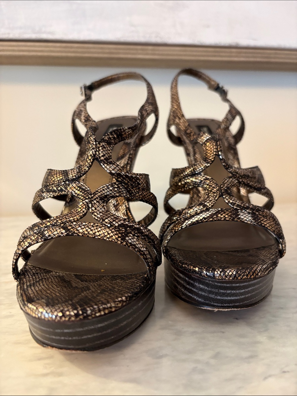 White House Black Market Brown Snake-Print Strappy High Heel Sandals - Picture 6 of 16